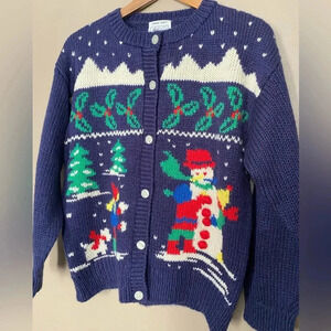 WINDCREST vintage holiday cardigan sweater Snowman hand-knit chunky granny M EUC